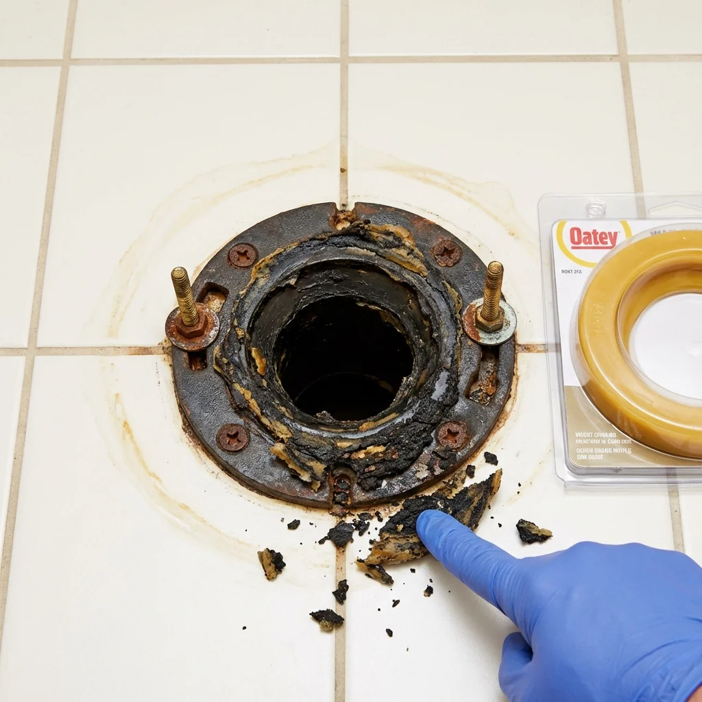 Failed wax ring showing water seepage at the base of a toilet in a Pulaski, TN home